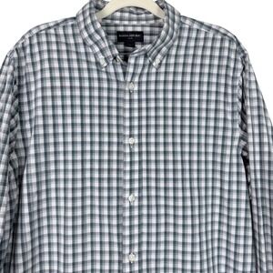 Banana Republic Mens Large Gingham Check Button Down Shirt Green White Cotton